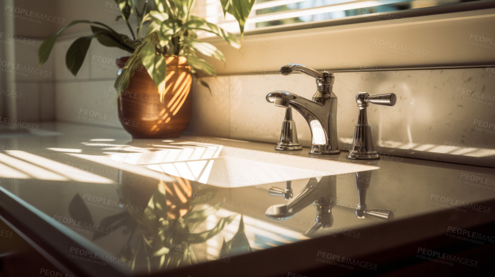 Buy stock photo Sunlight on modern kitchen countertop. Bright natural light interior design