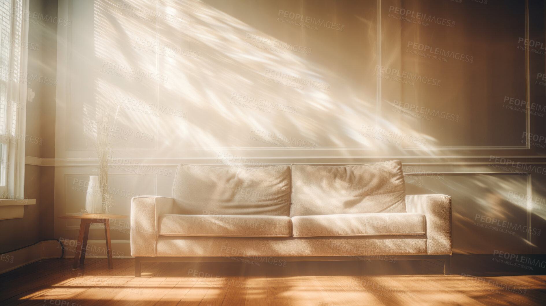 Buy stock photo Sunlight on sofa couch in living room. Cozy natural light interior design