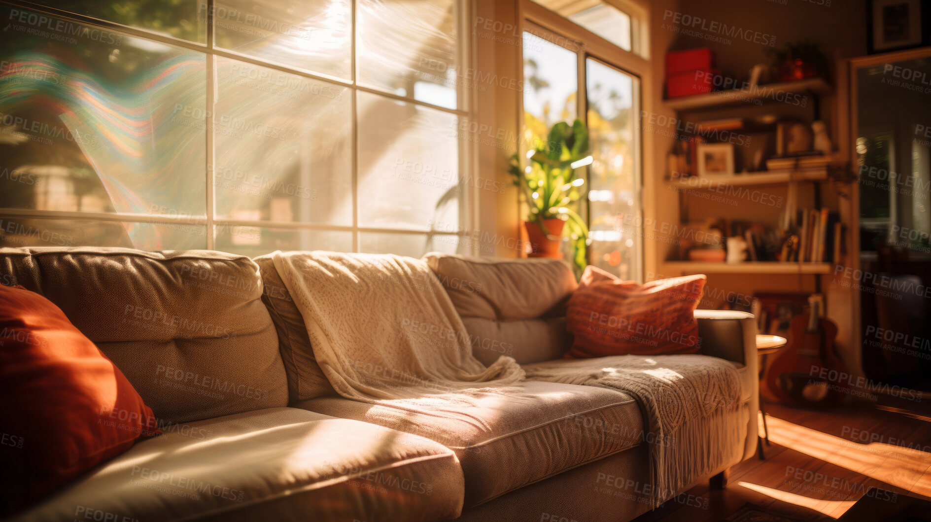 Buy stock photo Sunlight on sofa couch in living room. Cozy natural light interior design