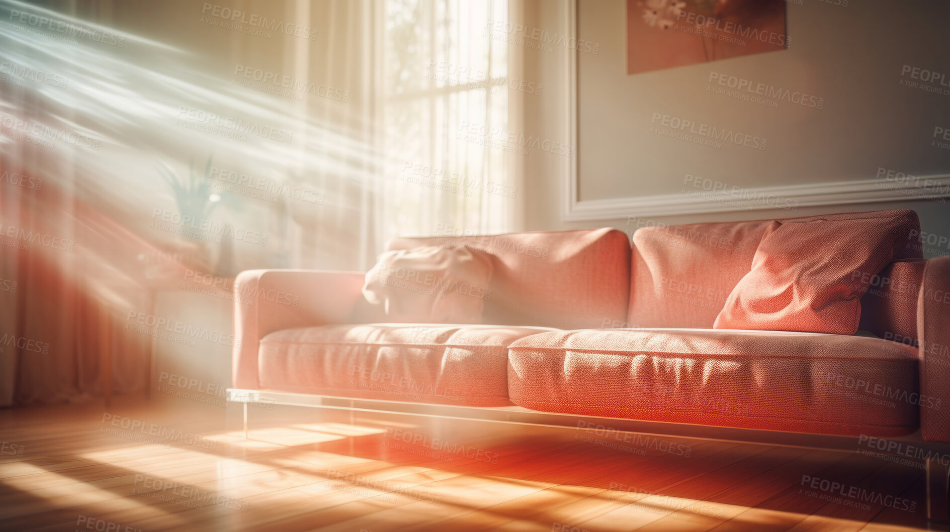 Buy stock photo Sunlight on sofa couch in living room. Cozy natural light interior design