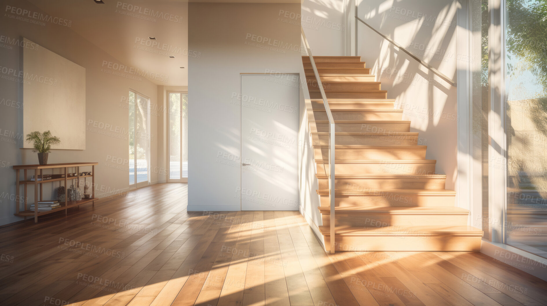 Buy stock photo Sunlight in home entrance hallway with stairs. Warm peaceful interior design