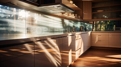 Buy stock photo Sunlight on modern kitchen countertop. Bright natural light interior design