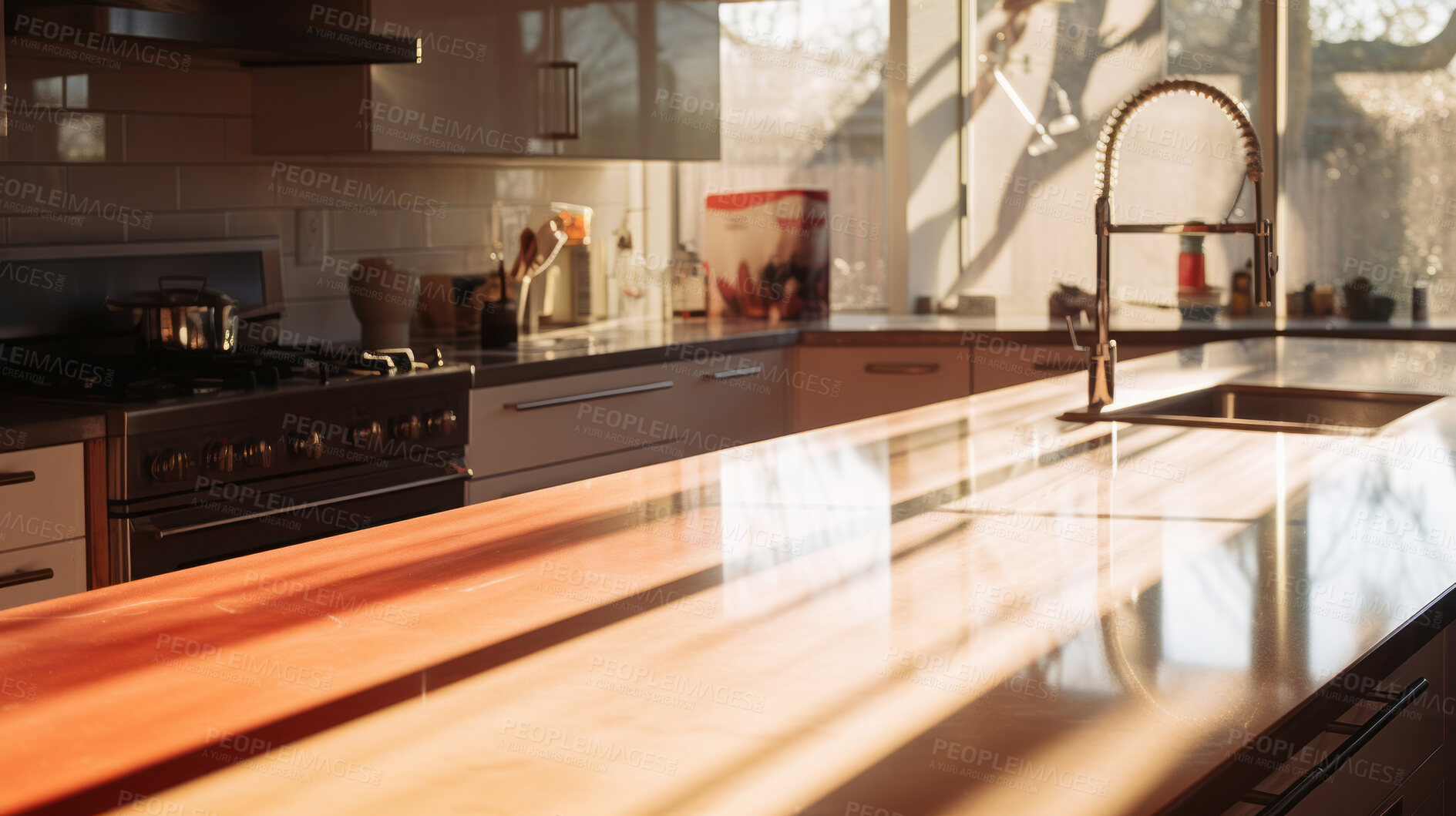 Buy stock photo Sunlight on modern kitchen countertop. Bright natural light interior design