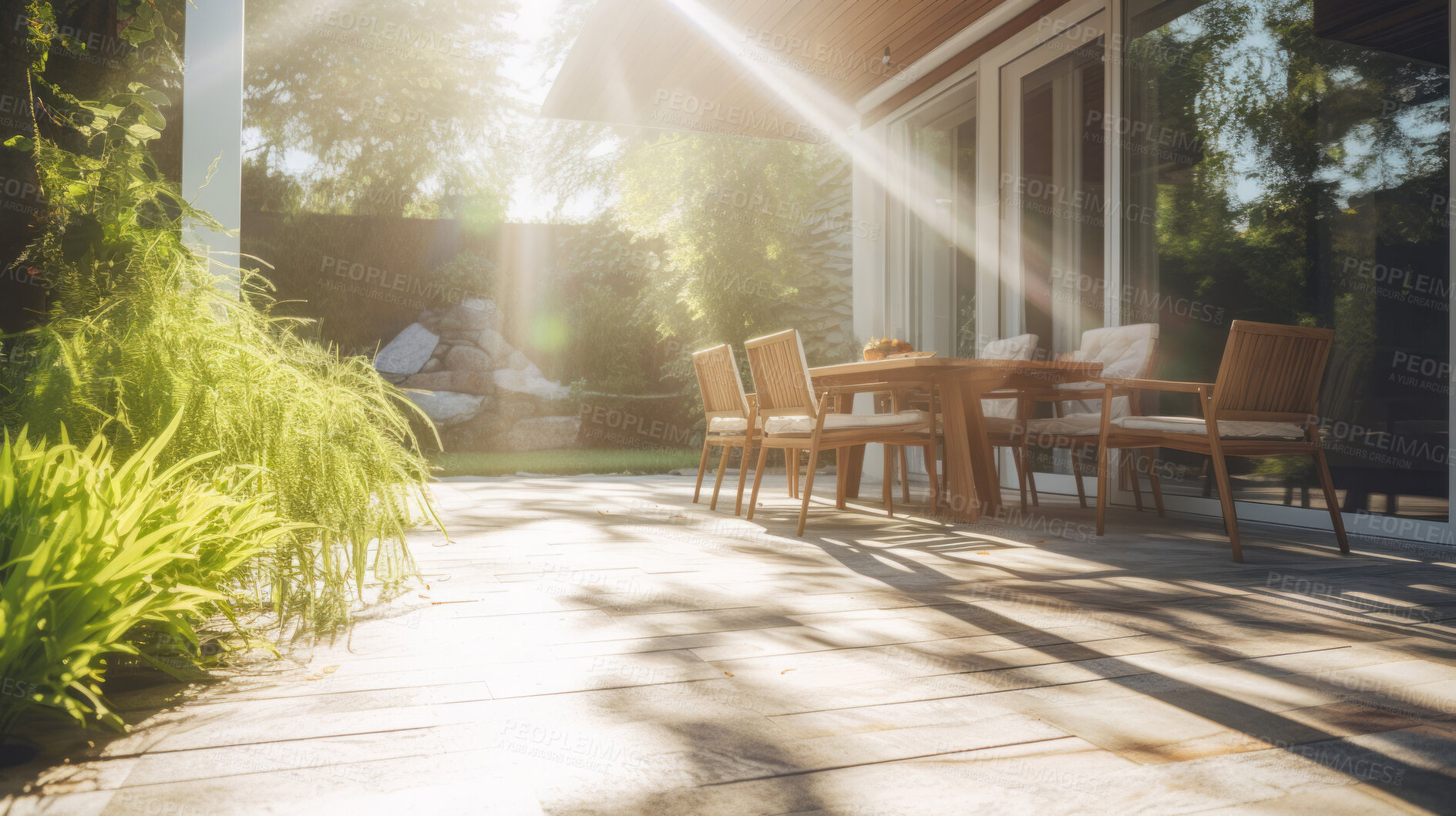 Buy stock photo Sunlight on home backyard patio. Terrace design idea with table and chairs.