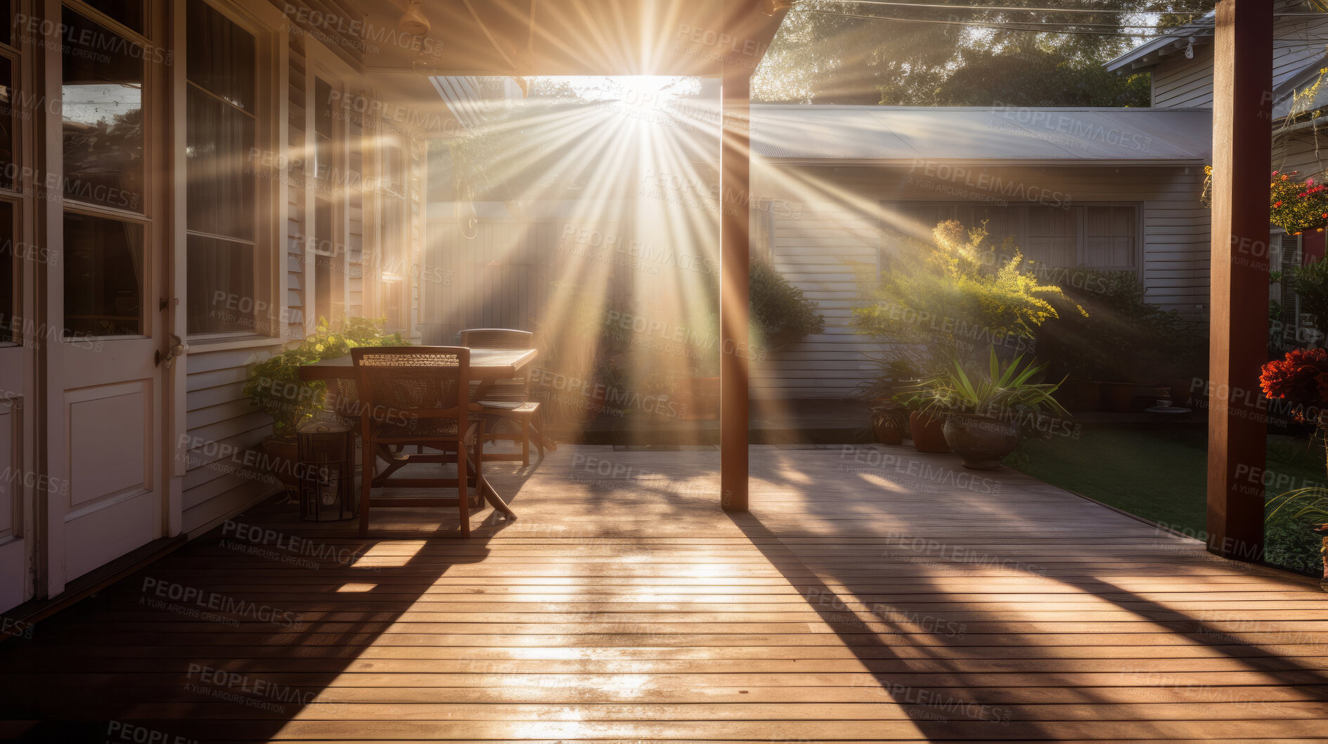 Buy stock photo Sunlight on home backyard patio. Terrace design idea with table and chairs.