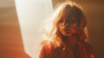 Buy stock photo Young woman in sunlight and shadows. Peace and calm wellbeing.