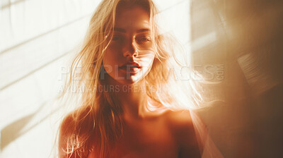 Buy stock photo Young woman in sunlight and shadows. Peace and calm wellbeing.