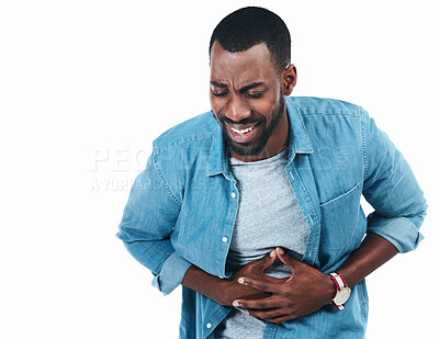 Buy stock photo Sick, black man and stomach pain from food poisoning, virus or ibs gas in studio or white background. Medical, problem and digestion ache in colon with health emergency or diarrhea in mockup space
