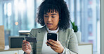 Professional woman, phone and credit card for online shopping, investment and savings or e commerce sign up. African employee with mobile for internet banking, business debit and fintech payment