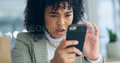 Buy stock photo Business woman, phone and night with stress, error and reading for problem solving for communication. Entrepreneur, smartphone and 404 glitch with networking, mobile app and frustrated face in office