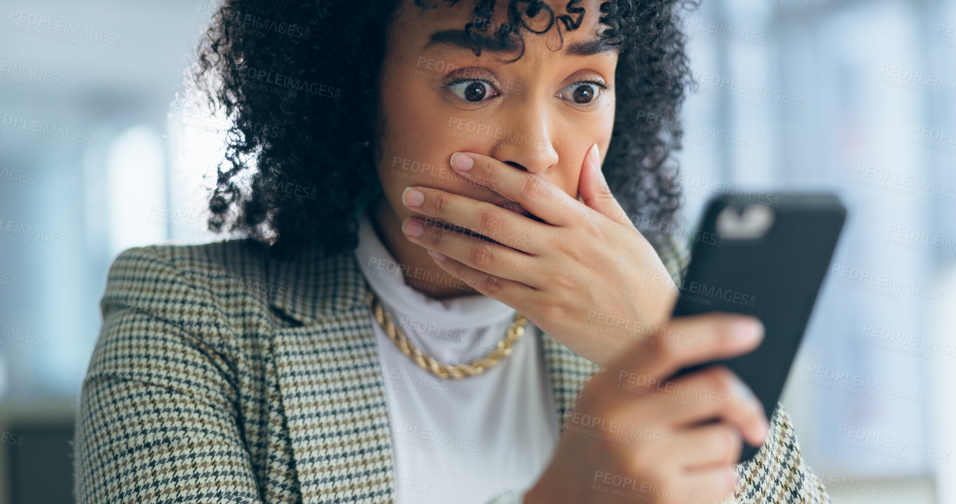 Buy stock photo Business woman, reading phone and shocked for social media post, news or marketing error in office. Young african employee confused, surprise and stress on mobile for scam, mistake or wrong email