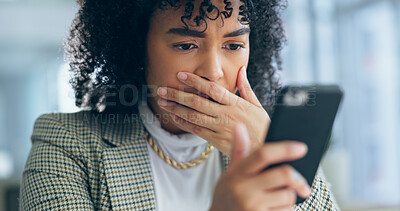 Buy stock photo Business woman, reading phone and shocked for news, social media post or marketing error in office. Young african employee confused, surprise and stress on mobile for scam, mistake or wrong email