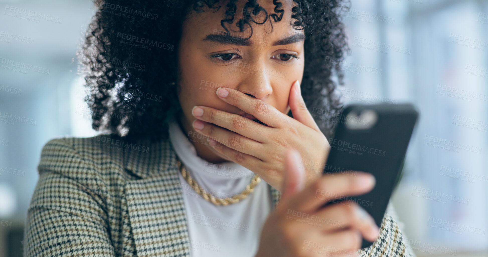 Buy stock photo Business woman, reading phone and shocked for news, social media post or marketing error in office. Young african employee confused, surprise and stress on mobile for scam, mistake or wrong email