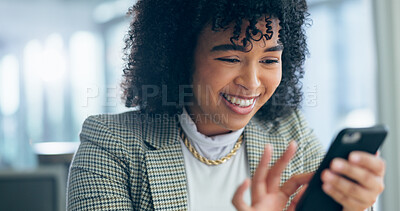 Buy stock photo Phone, smile and funny with a business woman reading a meme or text message in her professional office. Happy, communication or networking with a young employee laughing at news on a mobile app