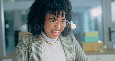 Buy stock photo Business woman, thinking and night with excited smile for ideas, deal and success in trading. Entrepreneur, finance expert and happy for announcement, promotion or revenue target in dark workplace