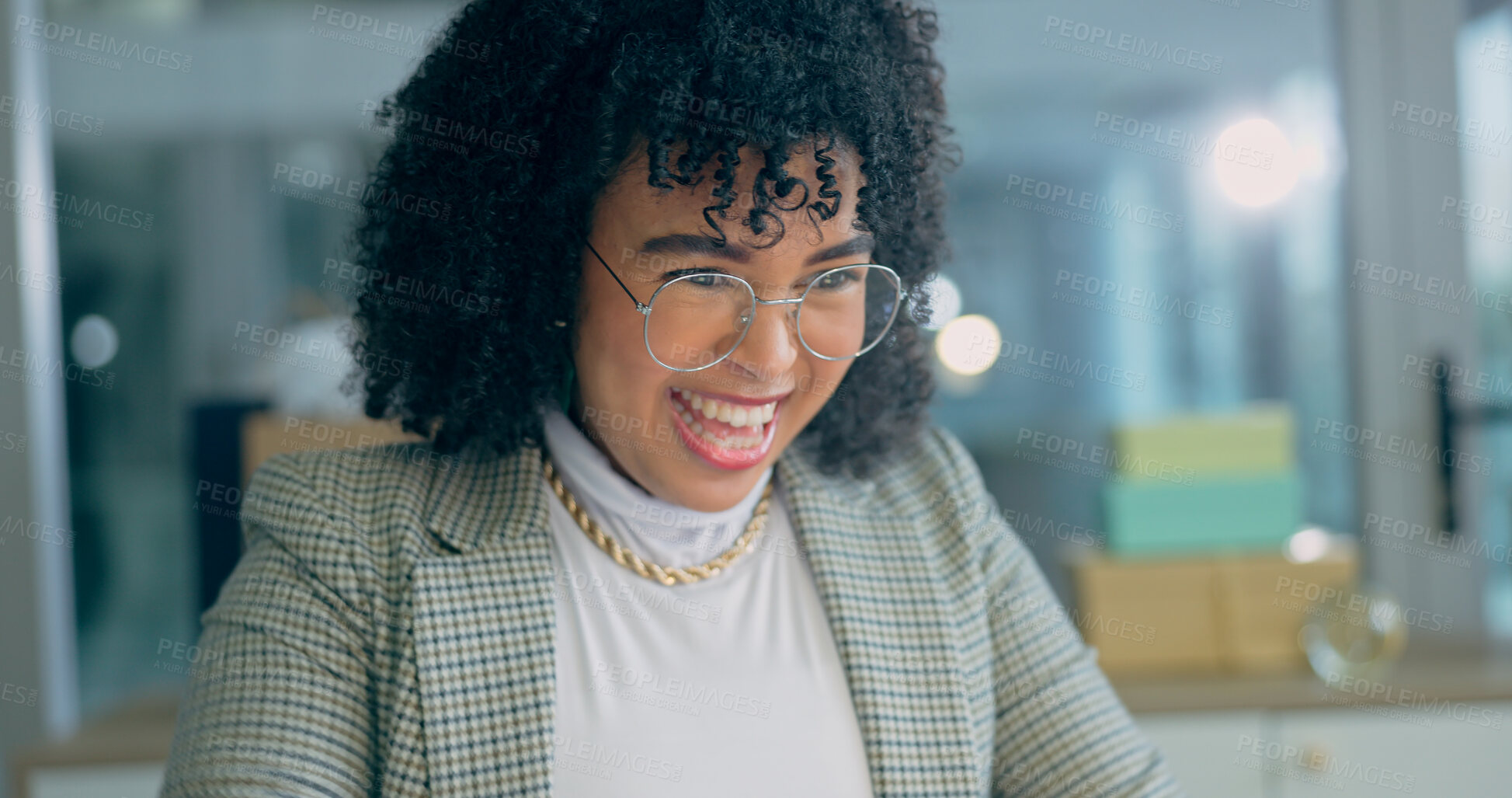 Buy stock photo Business woman, thinking and night with excited smile for ideas, deal and success in trading. Entrepreneur, finance expert and happy for announcement, promotion or revenue target in dark workplace