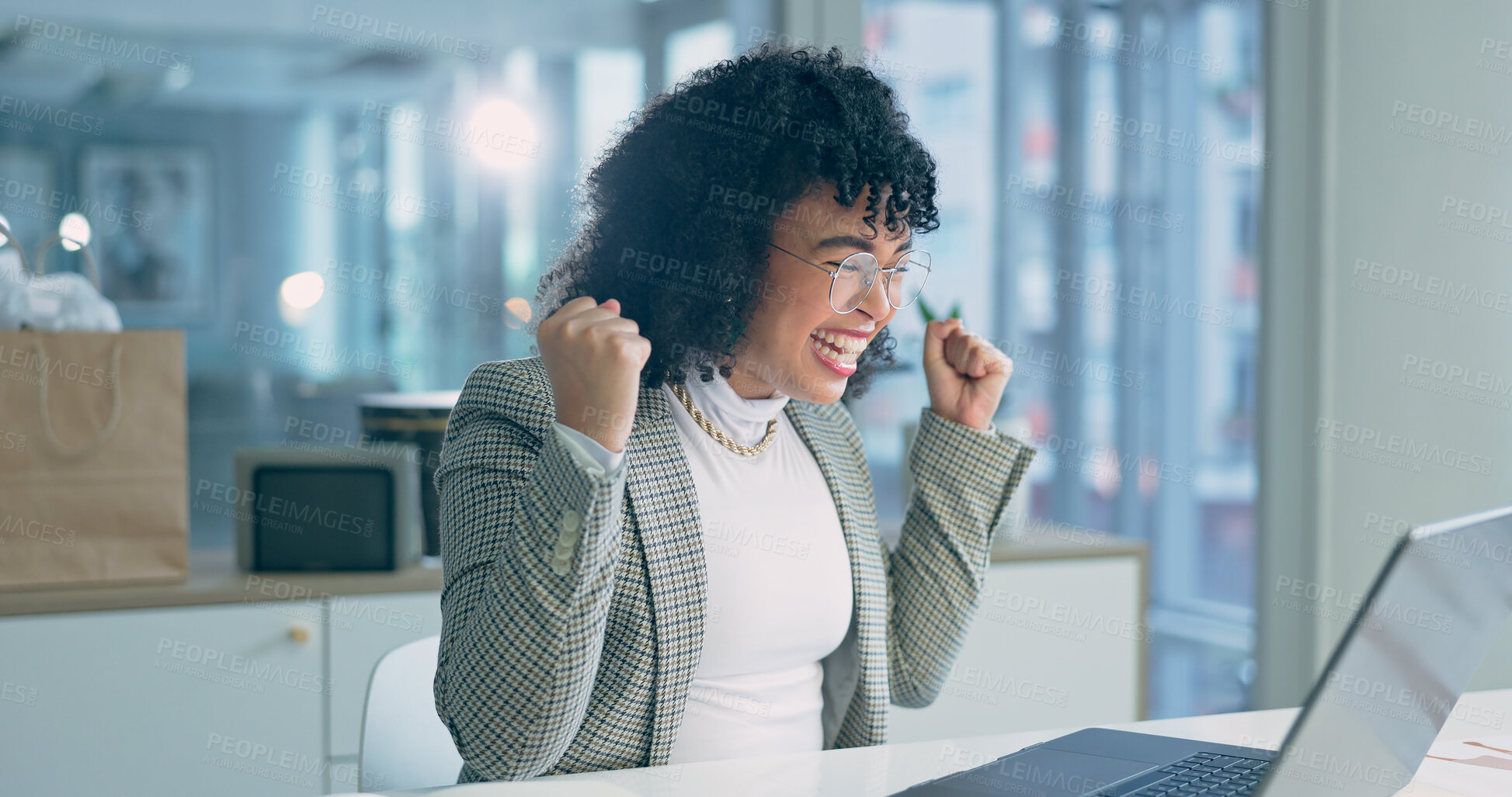 Buy stock photo Woman, fist celebration and night with laptop in office for success, promotion and goals with financial review. Happy trader, entrepreneur and cheers for achievement, profit and thinking in workplace