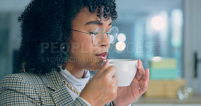 Buy stock photo Drink, tea and black woman relax in the office on calm coffee break with peace and happiness in workplace. Happy, working and employee drinking hot chocolate, beverage or blow steam of espresso latte