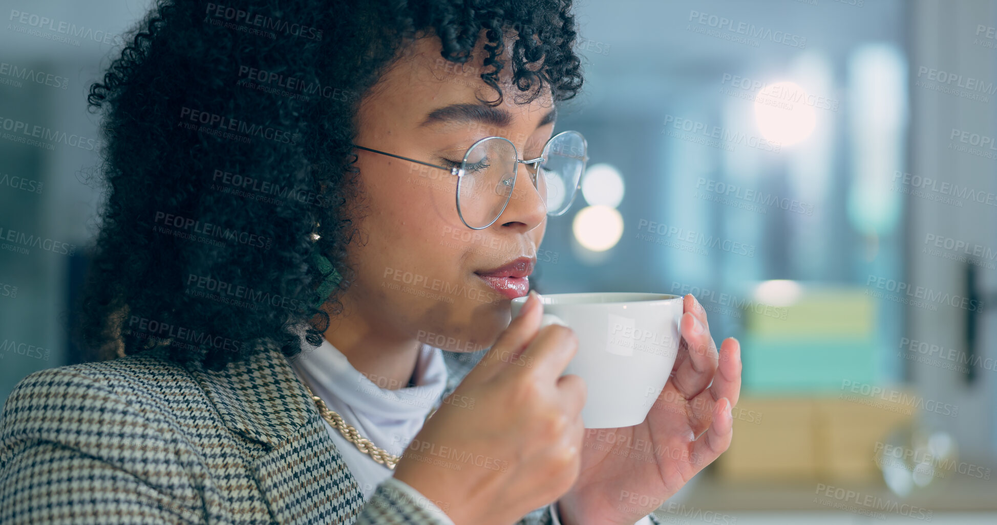 Buy stock photo Drink, tea and black woman relax in the office on calm coffee break with peace and happiness in workplace. Happy, working and employee drinking hot chocolate, beverage or blow steam of espresso latte