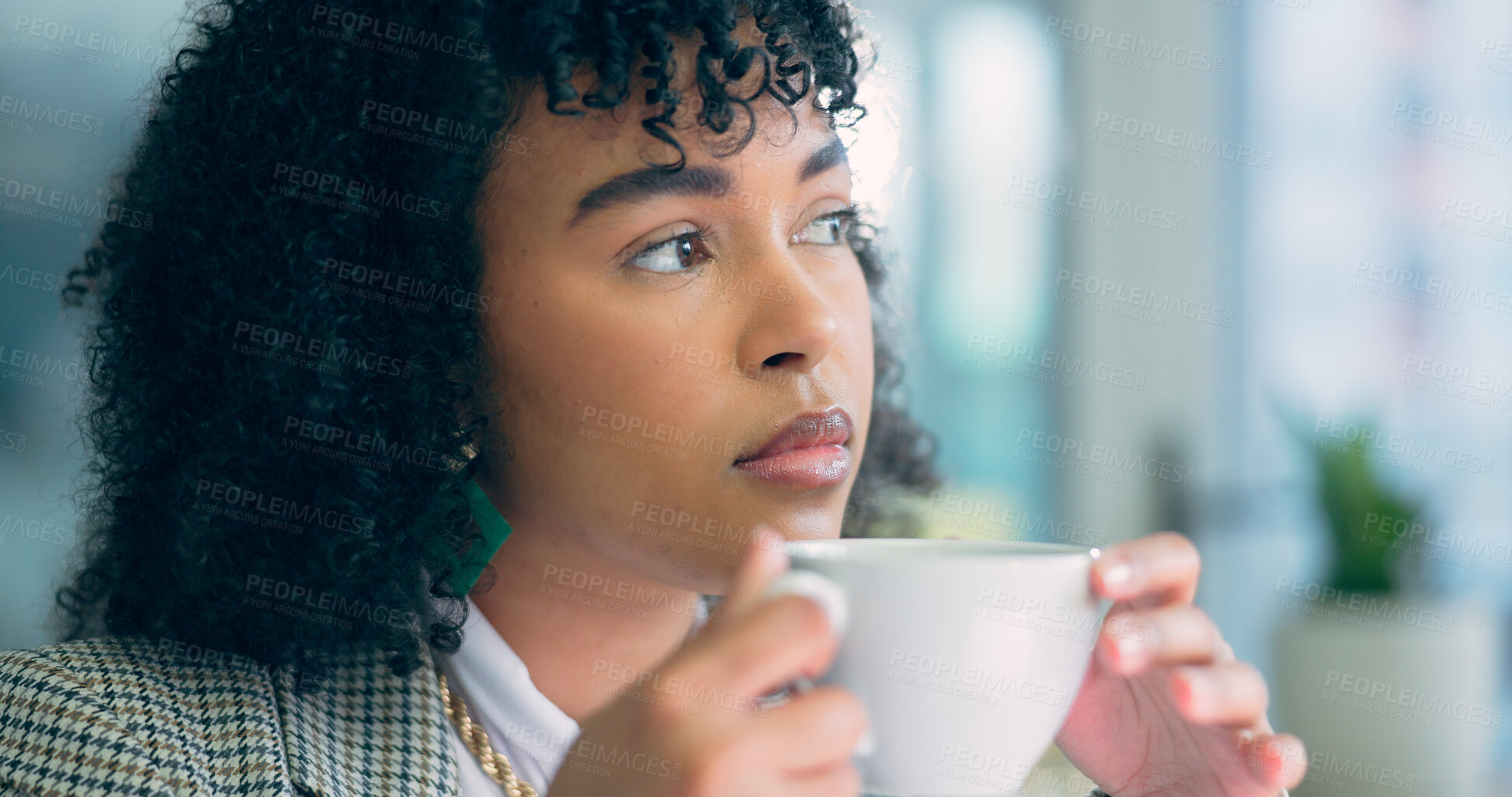 Buy stock photo Drink, tea and black woman thinking in the office with calm coffee break and relax with peace in the morning. Work, idea and employee drinking hot chocolate, beverage or espresso latte for energy