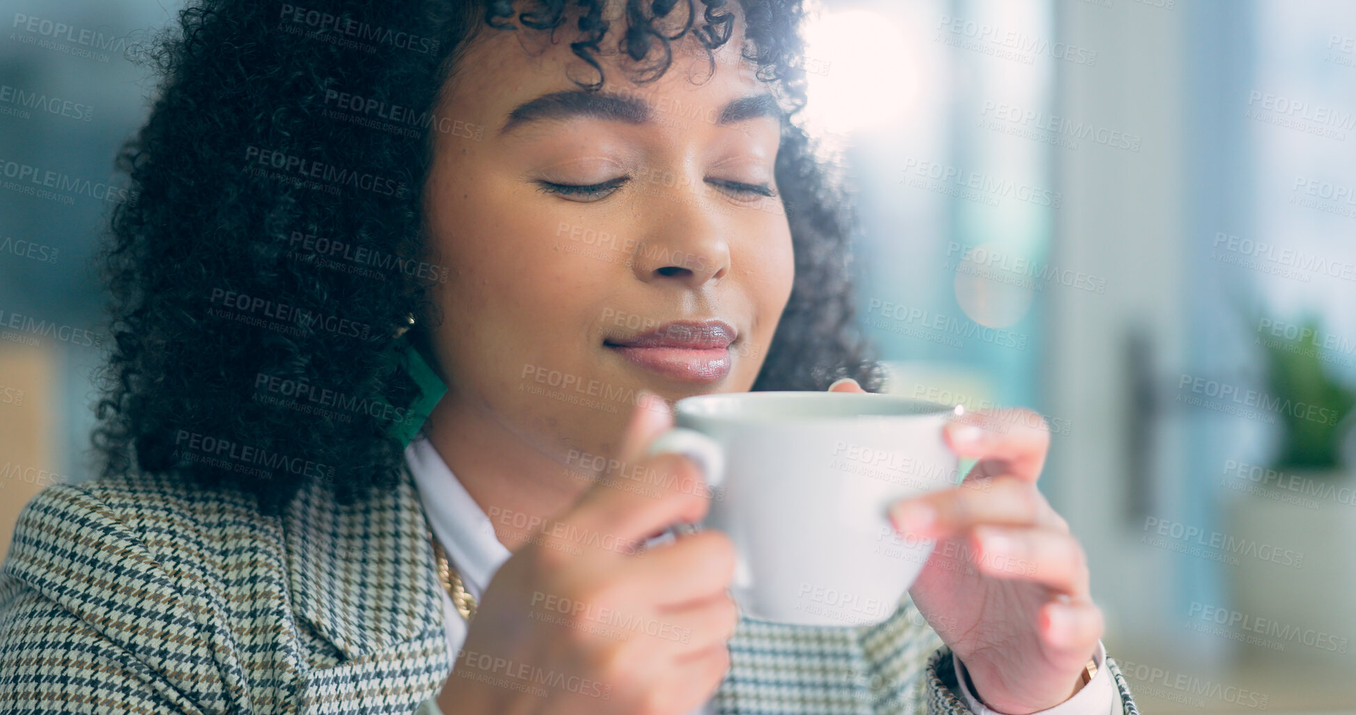 Buy stock photo Drink, tea and black woman relax in the office on breathing in aroma on coffee break with peace and happiness in workplace. Happy, employee or drinking hot chocolate, beverage and espresso latte