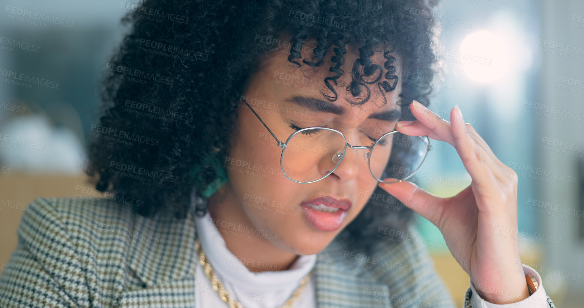 Buy stock photo Stress, glasses and business woman with headache in office from eye strain, burnout or pressure. Vertigo, anxiety and face of female manager with migraine, crisis or frustrated by tax, audit or fail