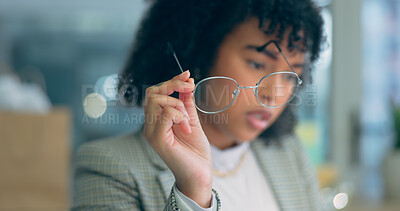 Buy stock photo Hand, woman and holding glasses with reading, focus and business strategy in office or corporate workplace. Professional, employee and eyewear with ideas, planning and vision for proposal at work