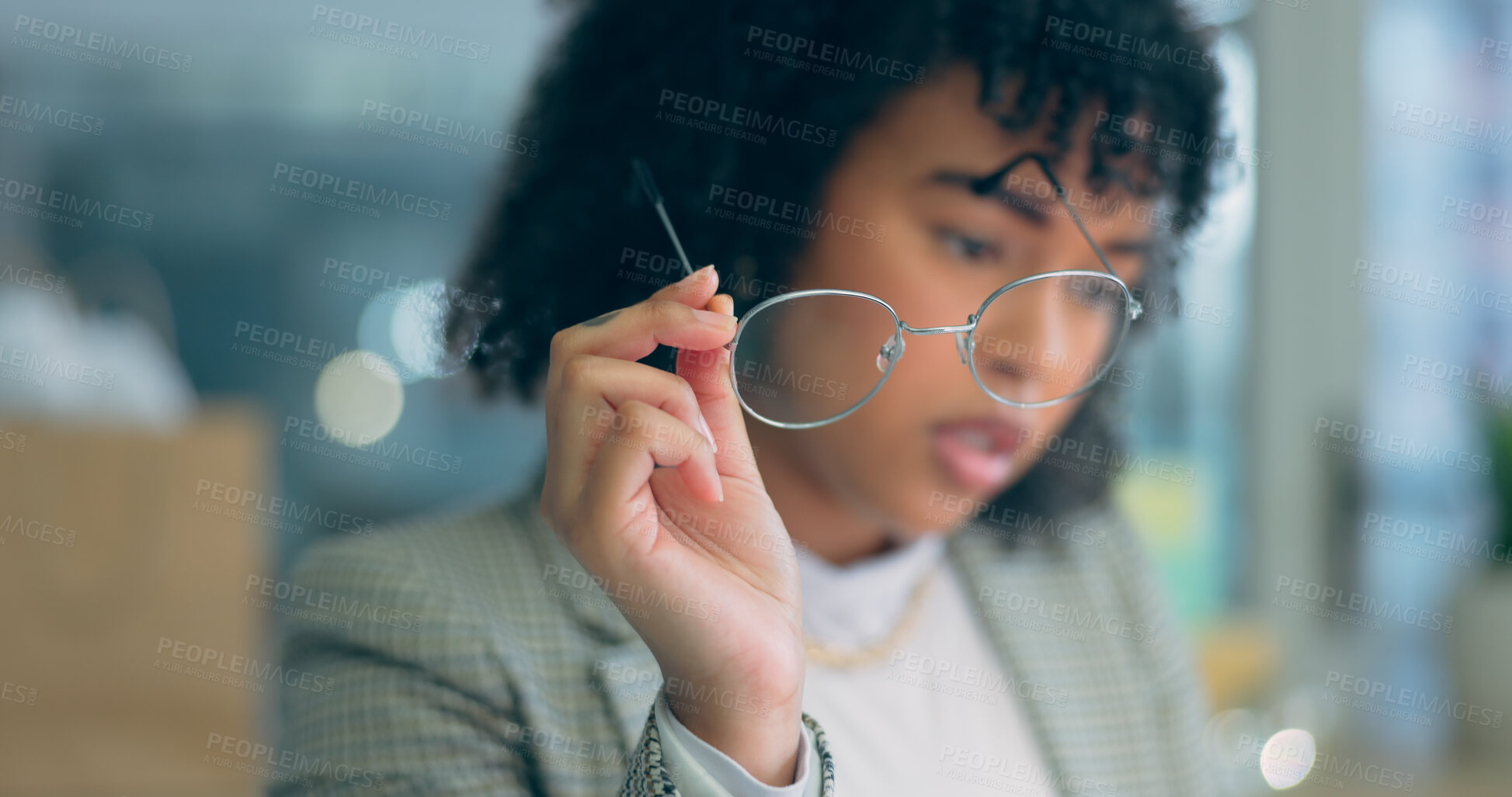 Buy stock photo Hand, woman and holding glasses with reading, focus and business strategy in office or corporate workplace. Professional, employee and eyewear with ideas, planning and vision for proposal at work