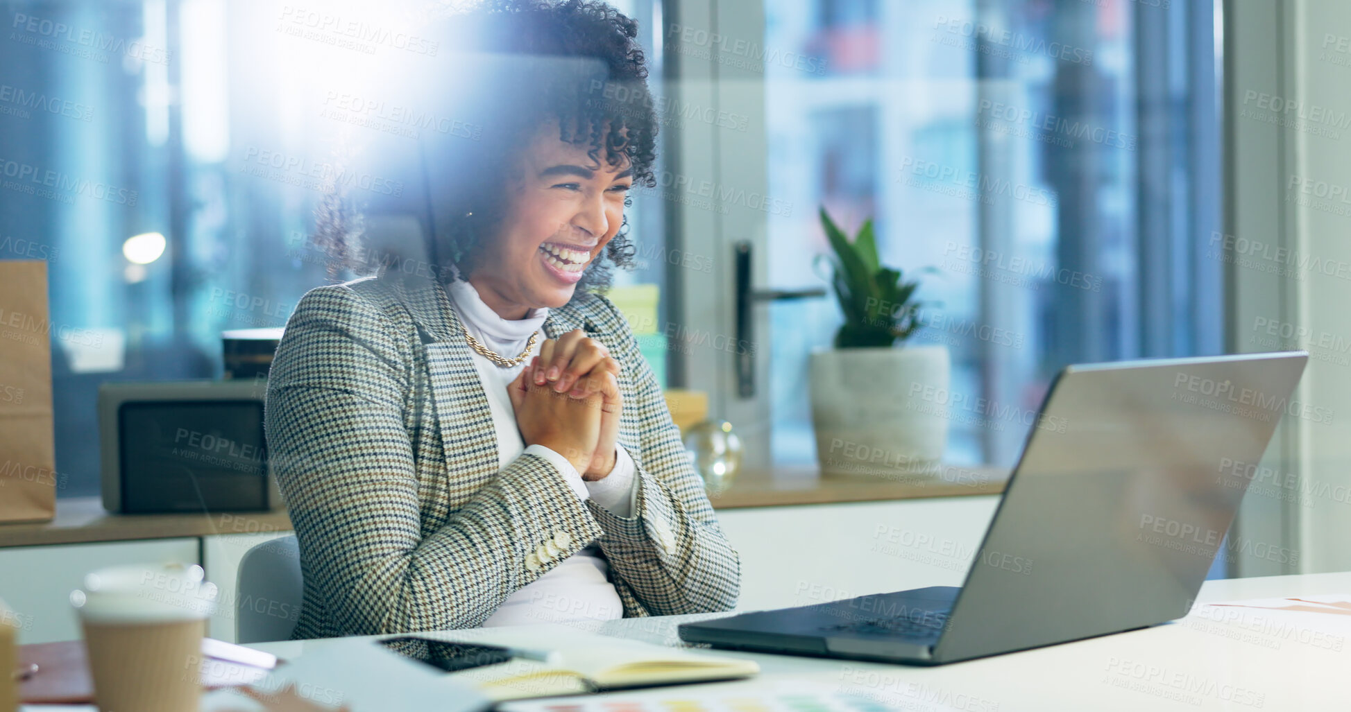 Buy stock photo Business woman, video call and laptop in night with excited smile for negotiation, deal or success. Entrepreneur, webinar and happy for announcement, promotion or profit in dark office with computer