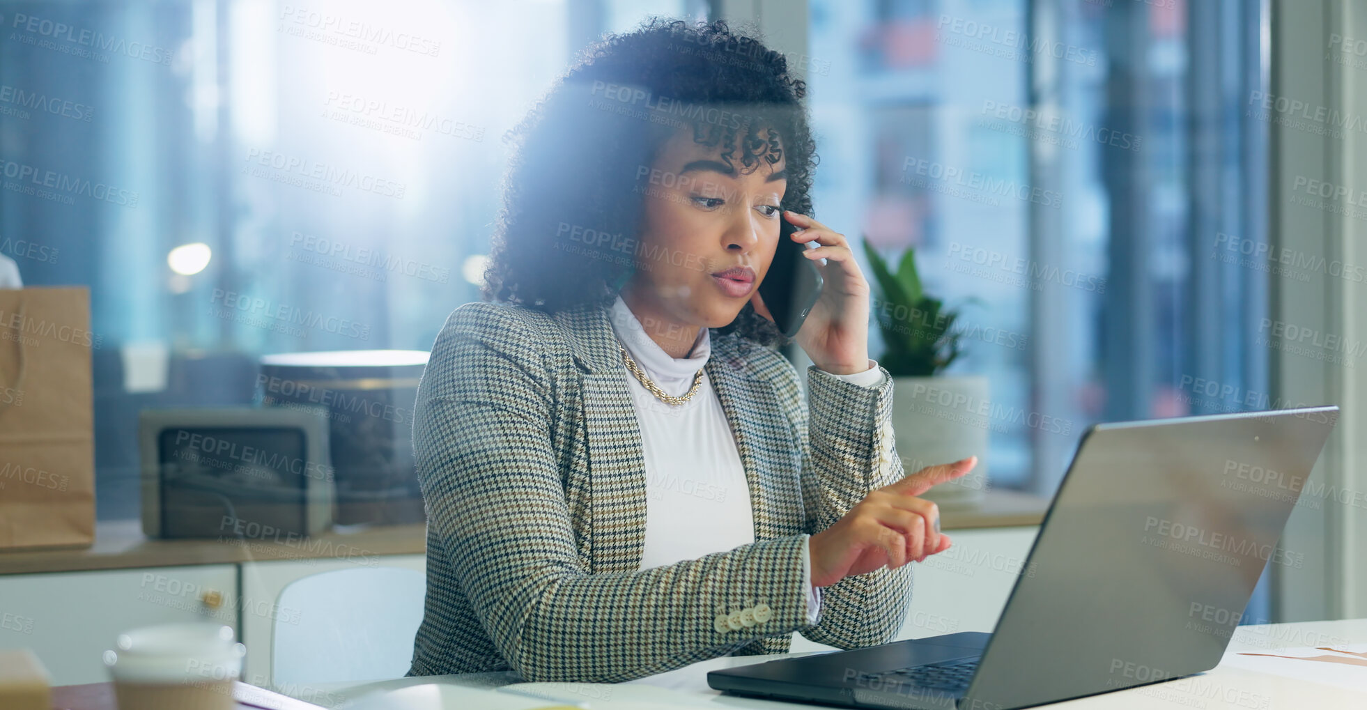 Buy stock photo Businesswoman, phone and talk with laptop in office for communication, consult or schedule by pointing at screen. Female manager, corporate planning and technology by internet for meeting in New York