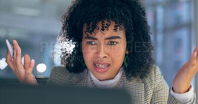 Buy stock photo Stress, confused and business woman in office reading bad news, feedback or email, review or report. Face, fail and lady entrepreneur with disaster, glitch or tax, audit or mistake, anxiety or 404