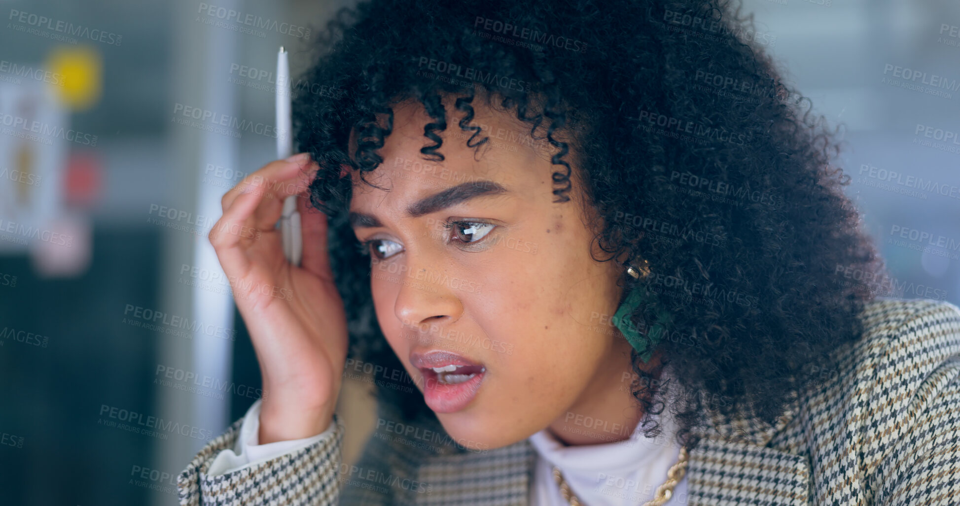 Buy stock photo Business, woman and confused in office with stress, problem or doubt for research or proposal at workplace. Face, professional or employee with mistake, crisis or glitch for startup or website fail