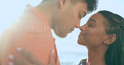 Buy stock photo Couple, hug and beach date on holiday with love, support and travel with marriage and vacation. Summer, adventure and calm outdoor with a woman and man together by the ocean with touch and embrace