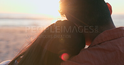 Buy stock photo Sunset, beach and back of couple hug in nature for travel, bond or weekend freedom with lens flare. Sunrise, love and rear view or people embrace at sea for adventure, journey or romance at the ocean