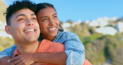 Buy stock photo Couple, face and smile on piggyback outdoor for love, commitment and support in nature or date. People, man and woman on back with happiness, care and romance on holiday or vacation for relationship