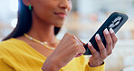 Woman, hands and scroll on smartphone in home, reading social media notification and update subscription app. Closeup, cellphone and download mobile games, search digital network or typing to contact