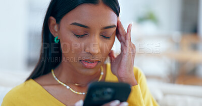 Buy stock photo Home, smartphone and woman with a headache, internet and stress with error 404, connection or typing. Person, apartment or girl with a cellphone, mobile user or digital app with a migraine or burnout