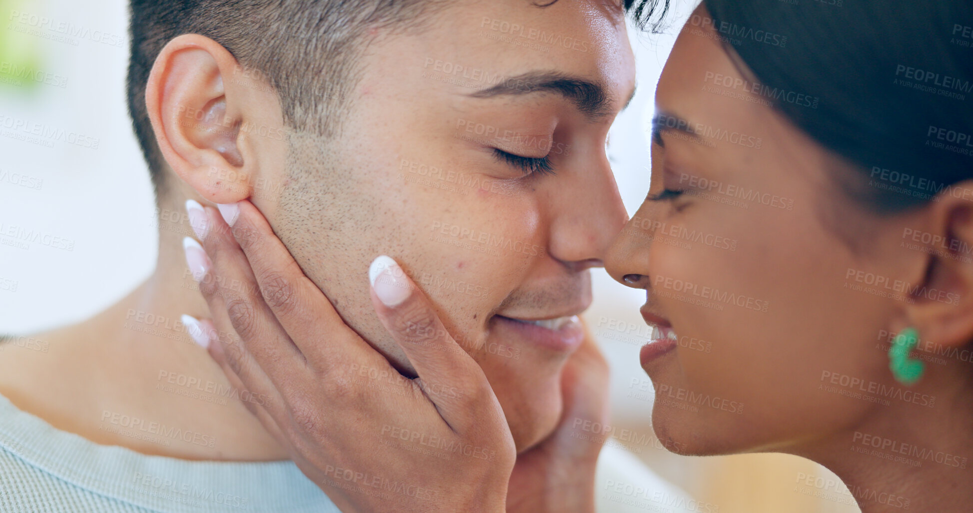 Buy stock photo Happy, couple and eskimo kiss with hug and love for affection, bonding and romantic date at home. Peace, interracial and people with commitment, loyalty and respect in healthy relationship with calm