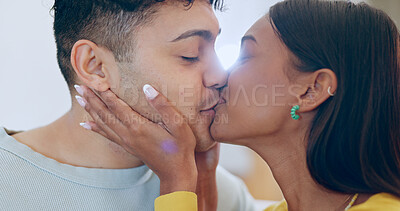 Buy stock photo Couple kiss, love and care with trust, bonding and romantic date at home with affection and partner. Peace, interracial and people with commitment, loyalty and respect in healthy relationship