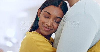 Buy stock photo Love, mockup and woman hug partner with a smile in home or living room space with happiness. Couple, embrace and girl with calm, peace and care in marriage or relationship with support together