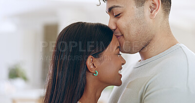 Buy stock photo Face, love and trust with a couple closeup in their apartment together for care, romance or bonding. Relax, support or commitment with a happy young man and woman in their home on the weekend