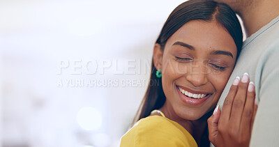 Buy stock photo Love, mockup and woman hug partner with a smile in home or living room space with happiness. Couple, embrace and girl with calm, peace and care in marriage or relationship with support together