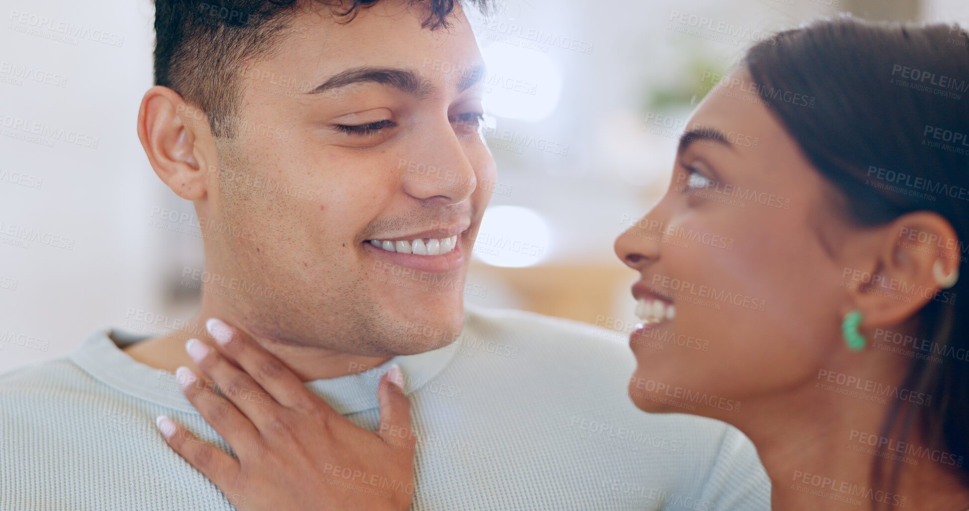 Buy stock photo Face, love and commitment with a couple closeup in their apartment together for care, romance or bonding. Relax, support or trust with a happy young man and woman in their home on the weekend