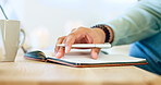 Writing, notebook and hands with pen for planning, diary entry and creative ideas on desk. Thinking, books and closeup of person for journal, schedule and agenda or to do list, calendar and notes