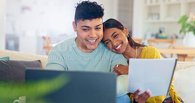 Buy stock photo Online, investment and couple in home with laptop and paperwork for loan, mortgage or real estate. Banking, budget or review information on computer with documents for finance, property or saving