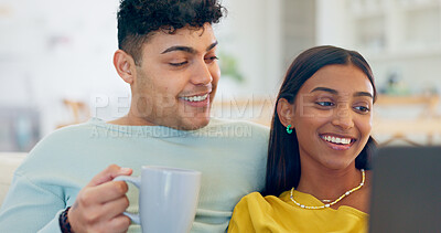 Buy stock photo Couple, laptop and coffee on couch, laugh or reading for funny story, notification or post on web. Man, woman and computer for meme, streaming comic movie or happy on social network website in home