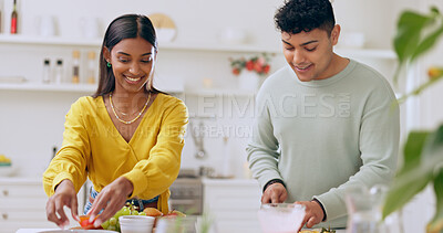 Buy stock photo Cooking, vegetables and couple in kitchen for lunch, supper and romantic dinner together. Happy, dating and man and woman at home with food for meal prep for bonding, love and healthy relationship