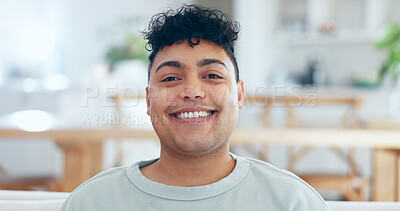 Buy stock photo Portrait, man or student with smile for scholarship, education or learning at a restaurant or cafe with confidence and pride. Face, person and happiness for studying, exam or knowledge at college