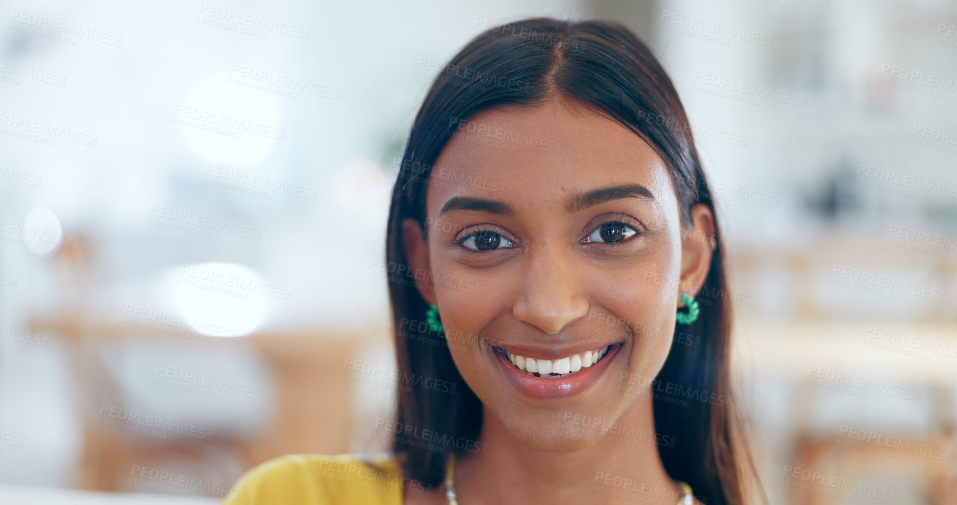 Buy stock photo Business, portrait and woman with smile in office for creative agency, confidence and pride in workplace. Face, person and employee with happiness at company or work for startup growth and career