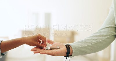 Buy stock photo Hands, moving and key by handing over in new home by realtor to owner in sale of property. Closeup, woman and customer for mortgage loan, purchase agreement or investment in real estate by contract